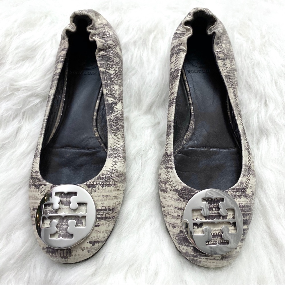 Tory Burch Lizard Embossed Leather Reva Flats - Picture 2 of 7
